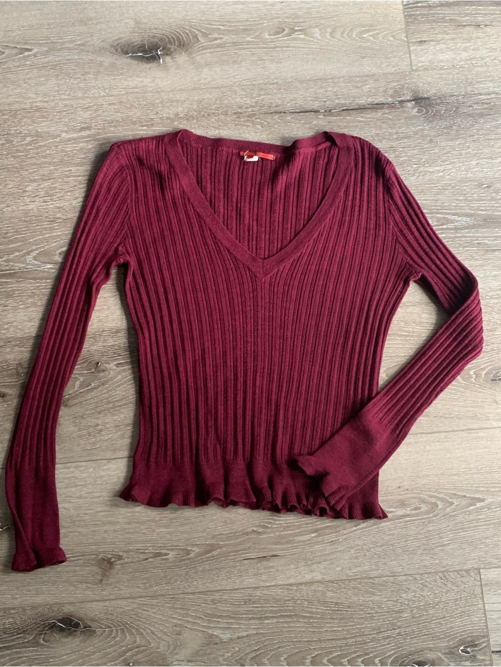 Vintage Tapemeasure Ribbed Sweater Size L Burgundy Long Sleeve V-Neck